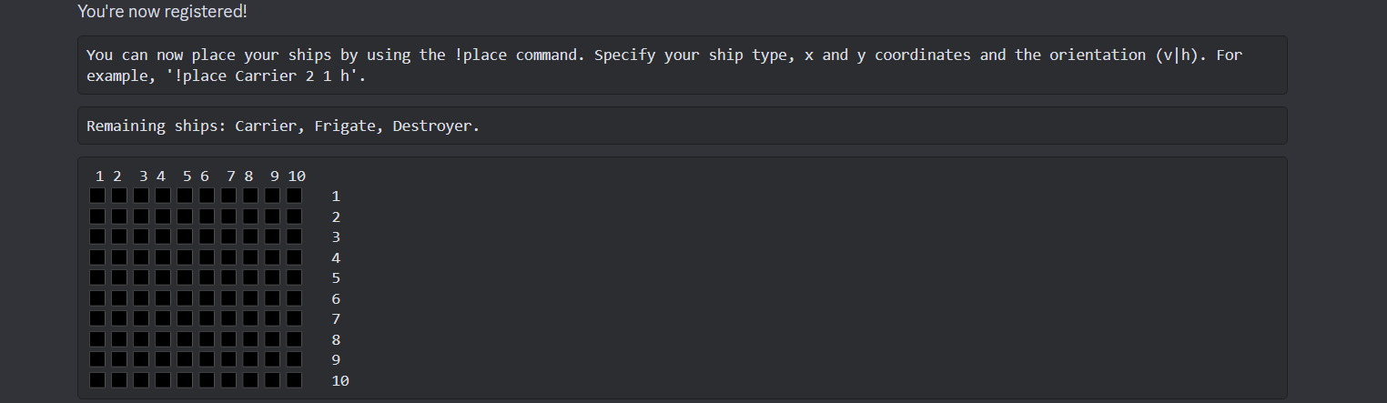 The image shows a user typing the '!tictactoe' command, which the bot answers with two buttons to click.