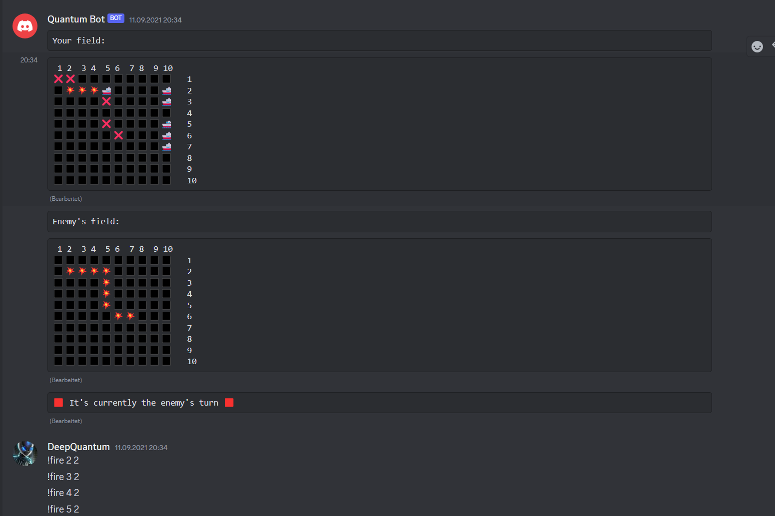 The image shows a user typing the '!tictactoe' command, which the bot answers with two buttons to click.