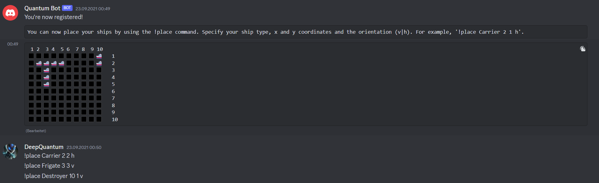 The image shows a user typing the '!tictactoe' command, which the bot answers with two buttons to click.