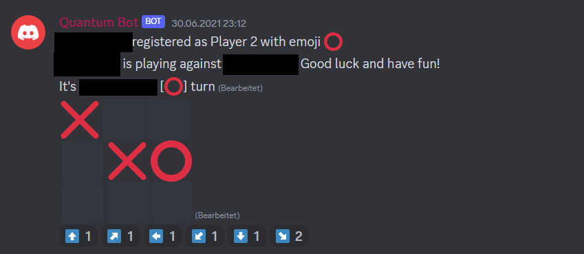 The image shows a user typing the '!tictactoe' command, which the bot answers with two buttons to click.