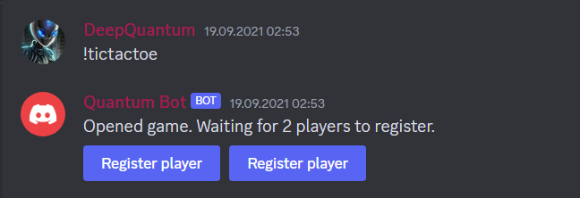 The image shows a user typing the '!tictactoe' command, which the bot answers with two buttons to click.